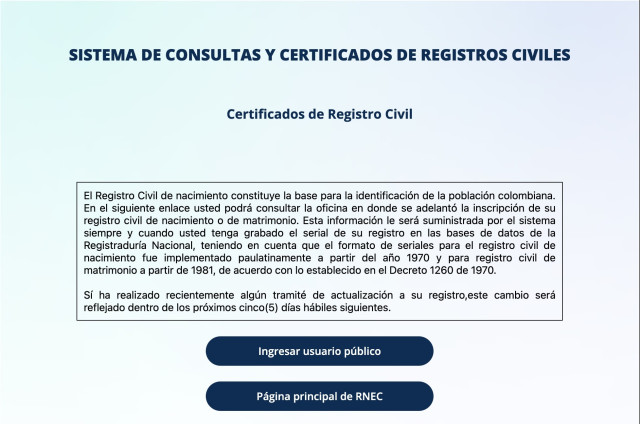 Captura de pantalla de la página de la Registraduría Nacional de Colombia