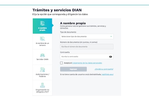 Captura de pantalla de la página web de la DIAN