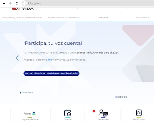 Captura de pantalla de la página web del Icfes