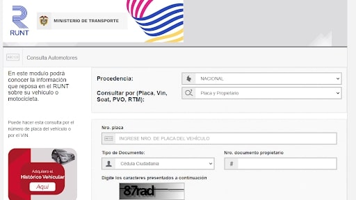 Captura de pantalla del módulo de consulta del RUNT