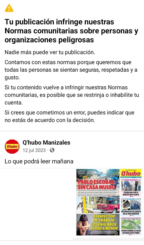 Bloquean cuenta de Facebook Foto|Tomada de Facebook Q’hubo Manizales|LA PATRIA