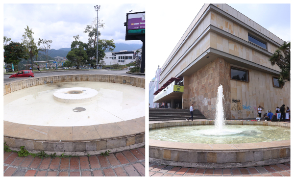 Antes: Así se veía la Fuente situada en el Teatro Fundadores.   --p4 Ahora: Volvieron a funcionar los chorros de agua. 