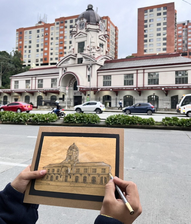 Dibujo de la antigua estación del ferrocarril de Manizales