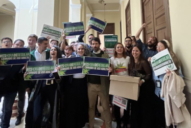 Los congresistas María José Pizarro y Juan Carlos Losada celebran la aprobación de su proyecto para regular el consumo de cannabis de uso adulto tras su séptimo debate.