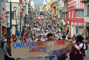 Con pancartas y arengas, los manifestantes se movilizaron por el centro de Manizales para protestar contra la medida de la Secretaría de Educación de cerrar los colegios de Cristo, La Salle, Divina Providencia y Perpetuo Socorro.