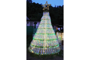 El árbol de botellas reposa en una pequeña elevación natural del sector. Gastaron en este, 380 botellas plásticas de gaseosa. Se demoraron unos ocho días en su elaboración. Las botellas fueron recogidas por los mismos vecinos. Tiene cerca de 2 mil 100 bombillos.