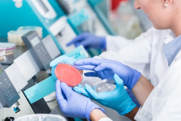 Mujer en un laboratorio analizando una muestra.