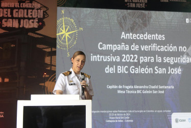 La capitana Alexandra Chadid, decana de la facultad de oceanografía física de la Escuela Naval de Cadetes Almirante Padilla, Universidad Marítima Internacional, habló el viernes durante el simposio 'Hacia el corazón del galeón San José' en Cartagena.