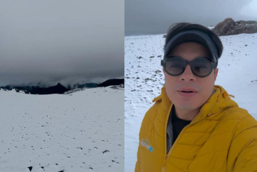 El guía de alta montaña de la Unión Temporal Operación Nevados Yonnathank Higuita Villalobos registró la nevada de este domingo en el sector del Valle de las Tumbas en el volcán Nevado del Ruiz.