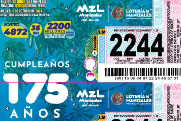 Así se ve el billete de la Lotería de Manizales en homenaje a los 175 años de la ciudad.